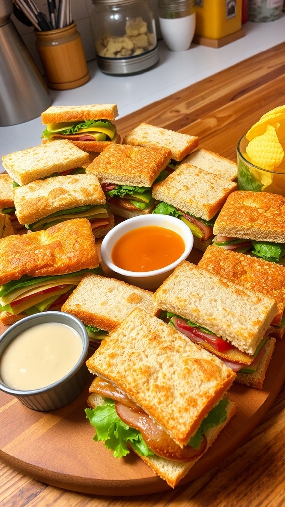 A variety of sandwiches made with different breads, filled with colorful ingredients, on a wooden platter.